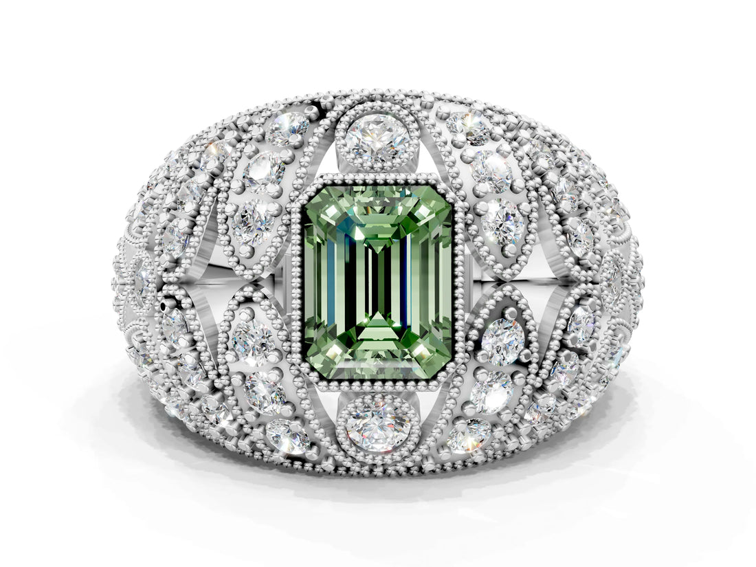 White gold Fancy Green Emerald Cut Brilliant Halo Pave Diamond Milgrain Ring