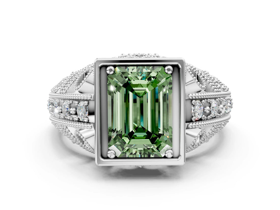 White gold Fancy Green Emerald Cut Brilliant Milgrain Filigree Diamond Ring with Square Prong Setting