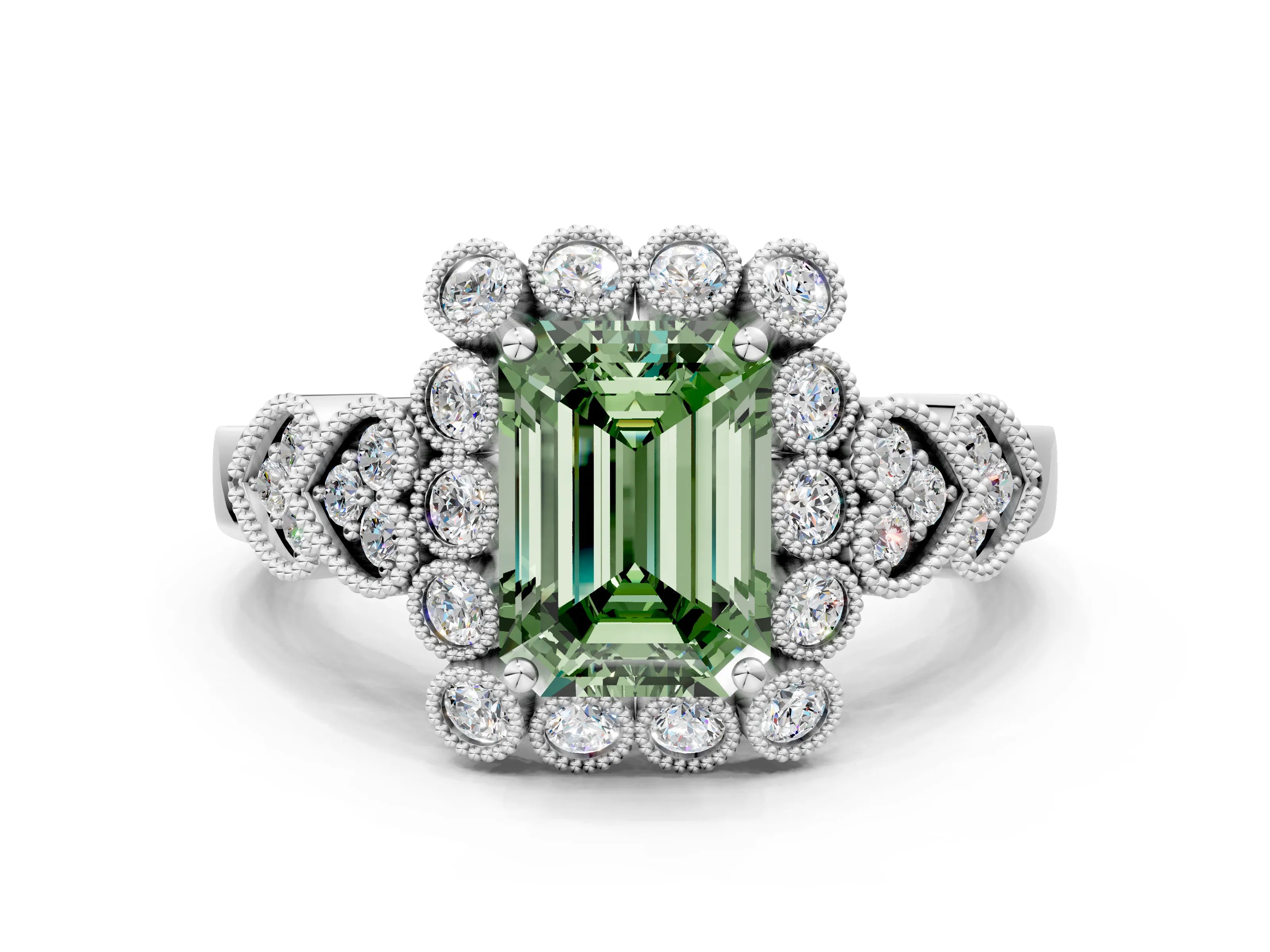 White gold Fancy Green Emerald Cut Brilliant Milgrain Pave Heart Band Solitaire Ring