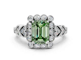 White gold Fancy Green Emerald Cut Brilliant Milgrain Pave Heart Band Solitaire Ring_12