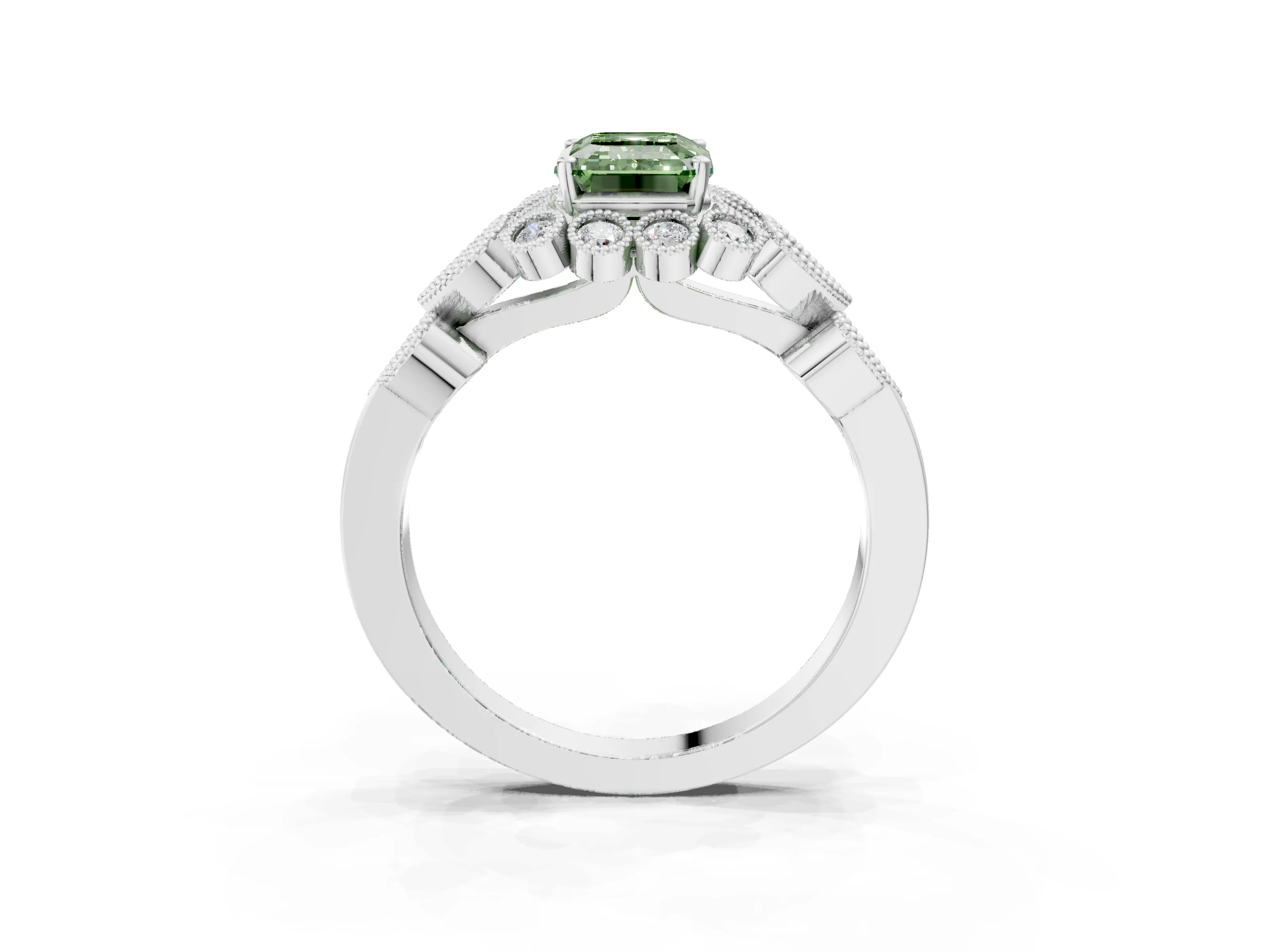 White gold Fancy Green Emerald Cut Brilliant Milgrain Pave Heart Band Solitaire Ring_15