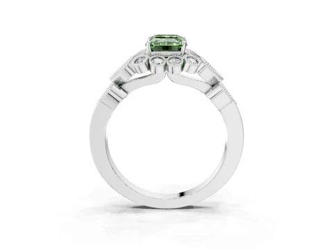 White gold Fancy Green Emerald Cut Brilliant Milgrain Pave Heart Band Solitaire Ring_15