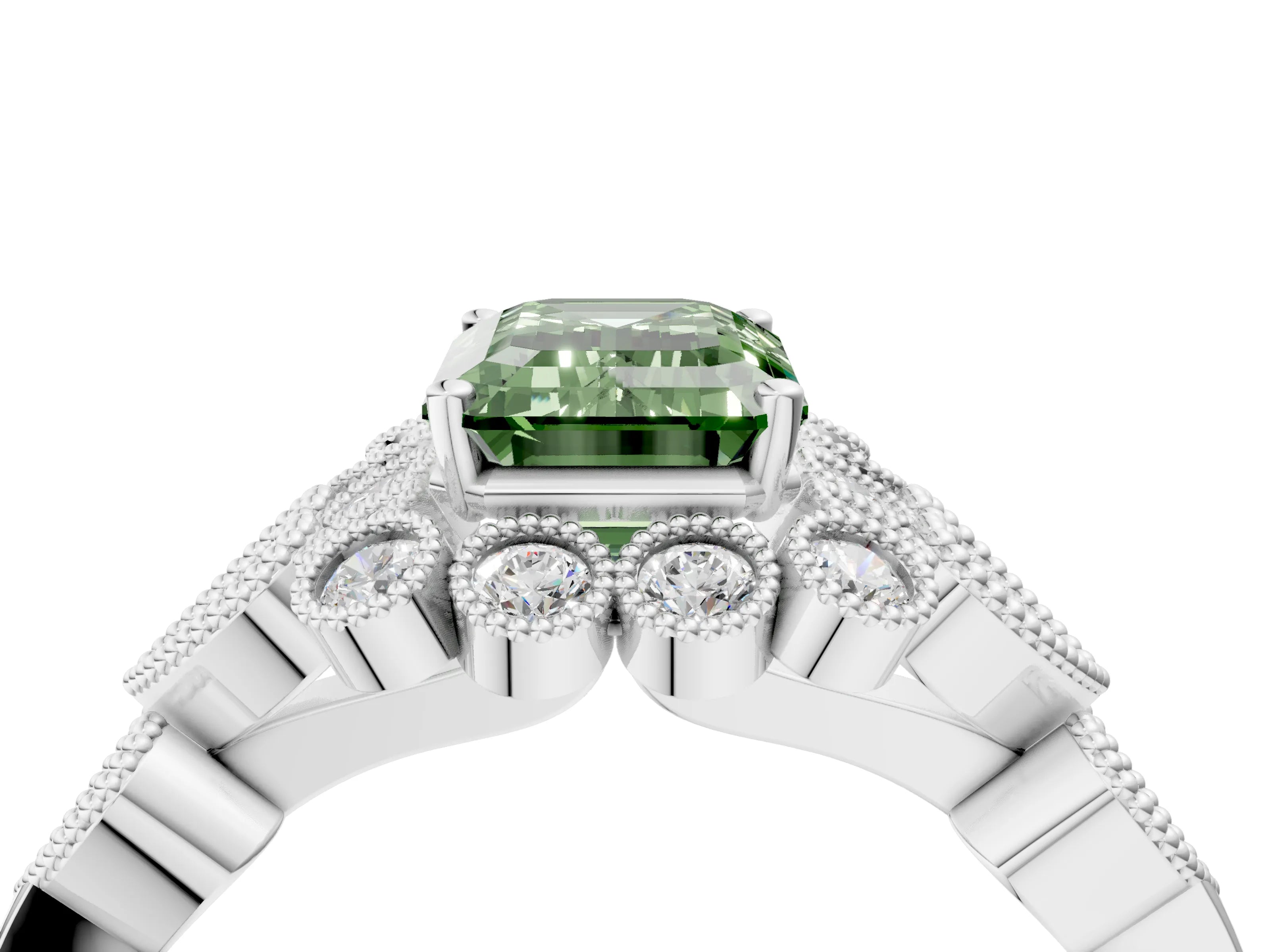 White gold Fancy Green Emerald Cut Brilliant Milgrain Pave Heart Band Solitaire Ring_16