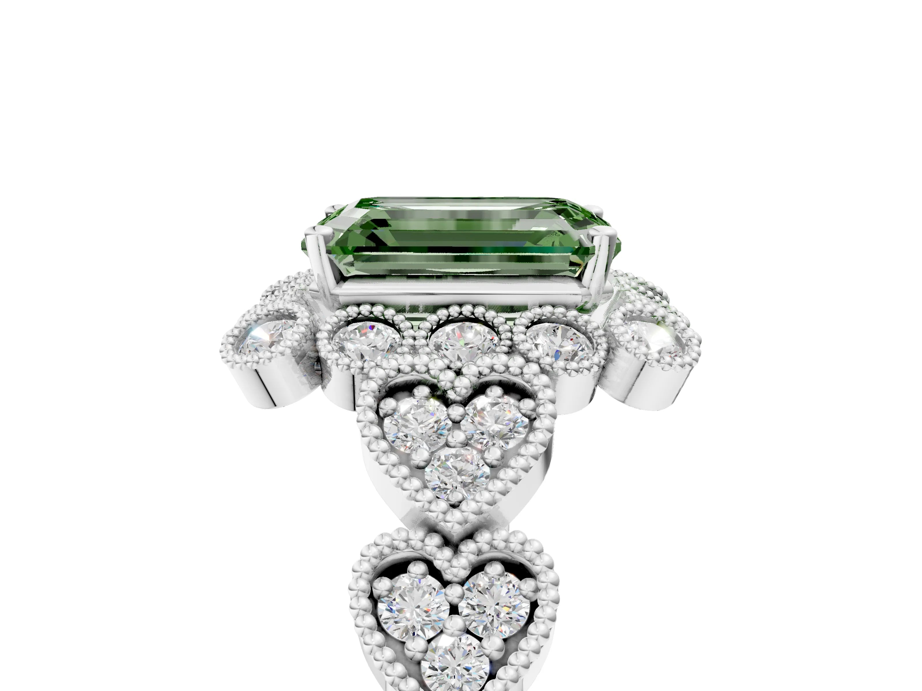 White gold Fancy Green Emerald Cut Brilliant Milgrain Pave Heart Band Solitaire Ring_17