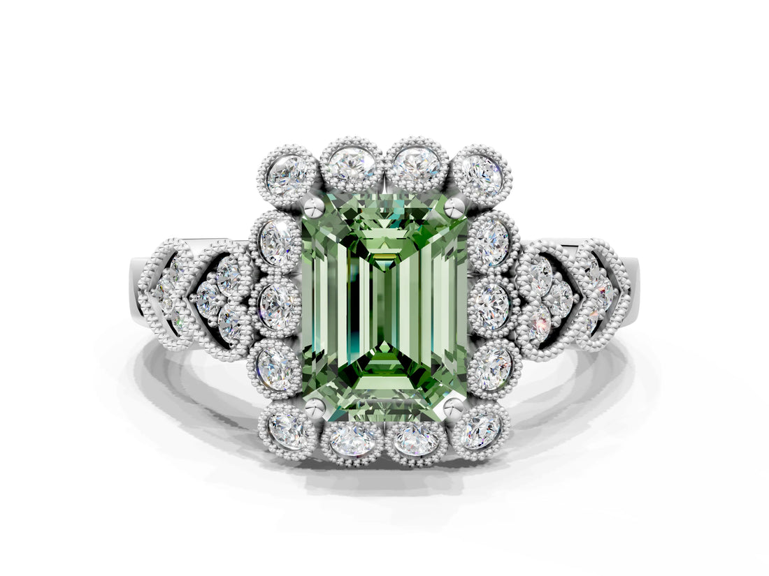 White gold Fancy Green Emerald Cut Brilliant Milgrain Pave Heart Band Solitaire Ring_18