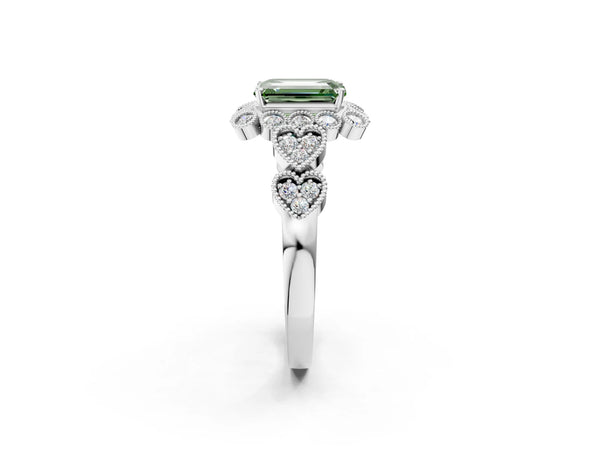 White gold Fancy Green Emerald Cut Brilliant Milgrain Pave Heart Band Solitaire Ring