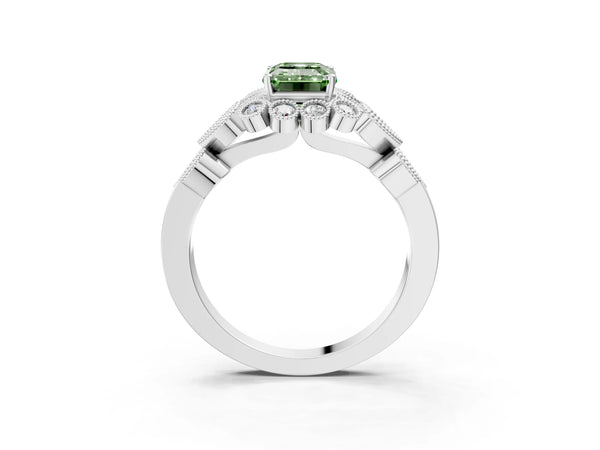 White gold Fancy Green Emerald Cut Brilliant Milgrain Pave Heart Band Solitaire Ring