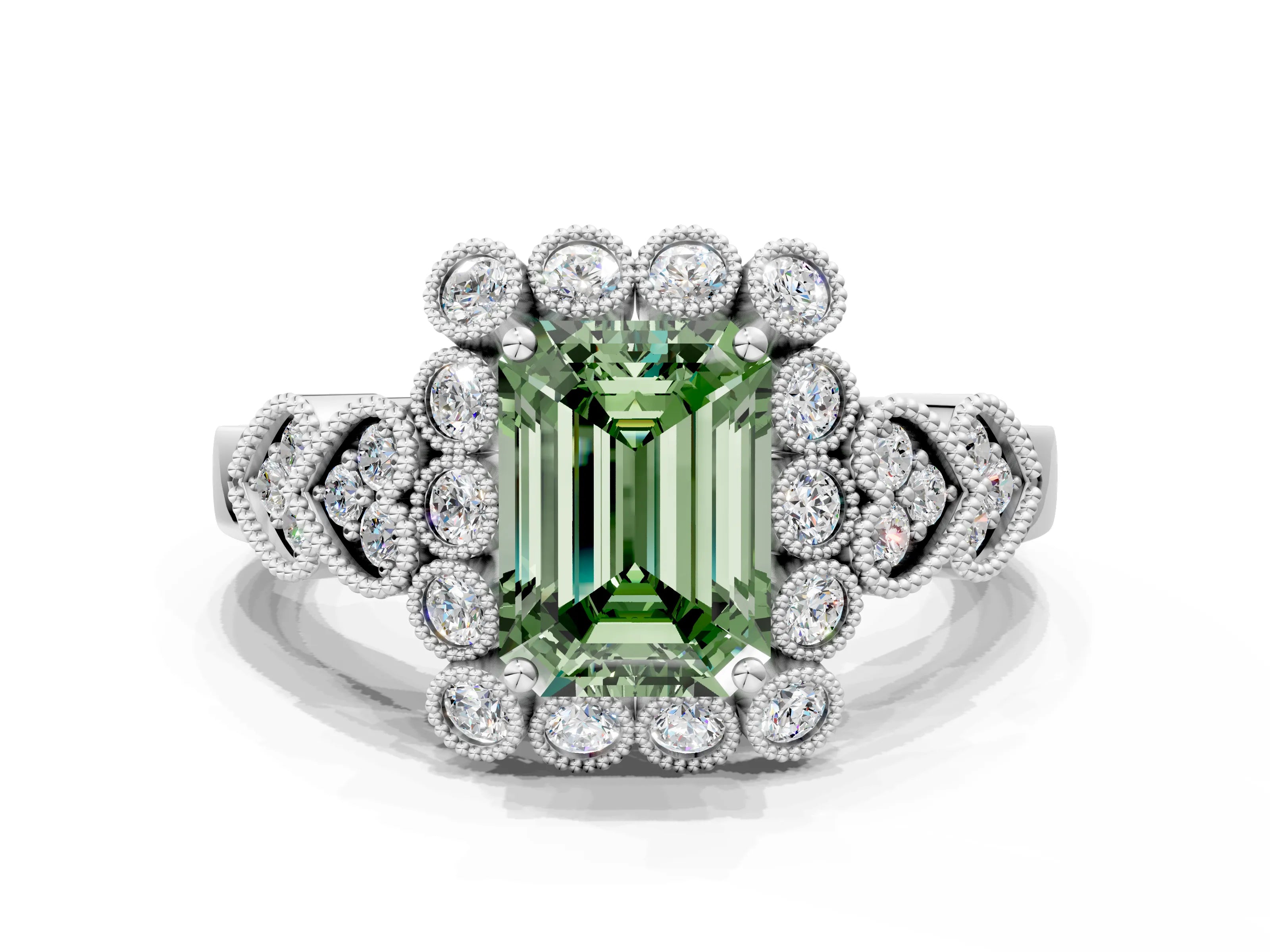 White gold Fancy Green Emerald Cut Brilliant Milgrain Pave Heart Band Solitaire Ring_22