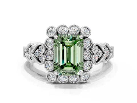 White gold Fancy Green Emerald Cut Brilliant Milgrain Pave Heart Band Solitaire Ring_22