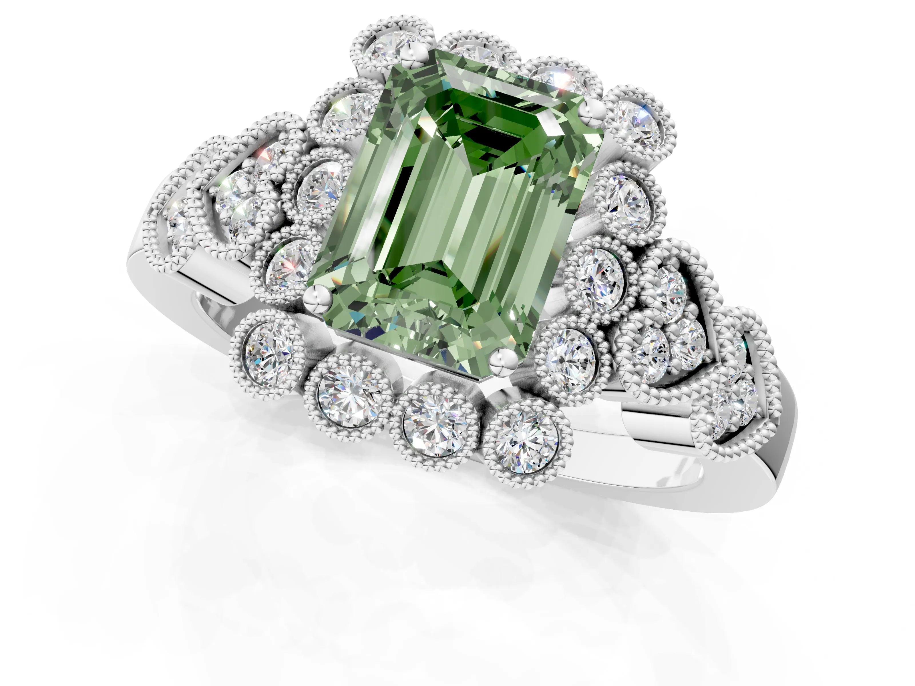 White gold Fancy Green Emerald Cut Brilliant Milgrain Pave Heart Band Solitaire Ring_23