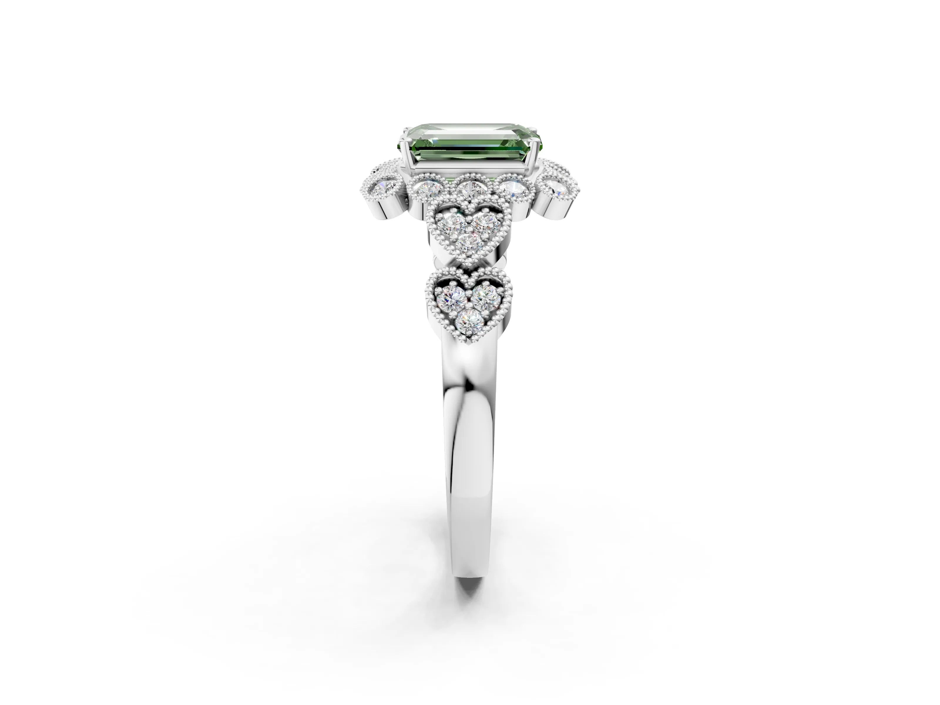 White gold Fancy Green Emerald Cut Brilliant Milgrain Pave Heart Band Solitaire Ring_24