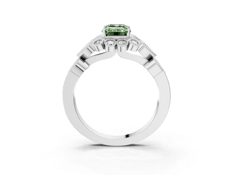 White gold Fancy Green Emerald Cut Brilliant Milgrain Pave Heart Band Solitaire Ring_25