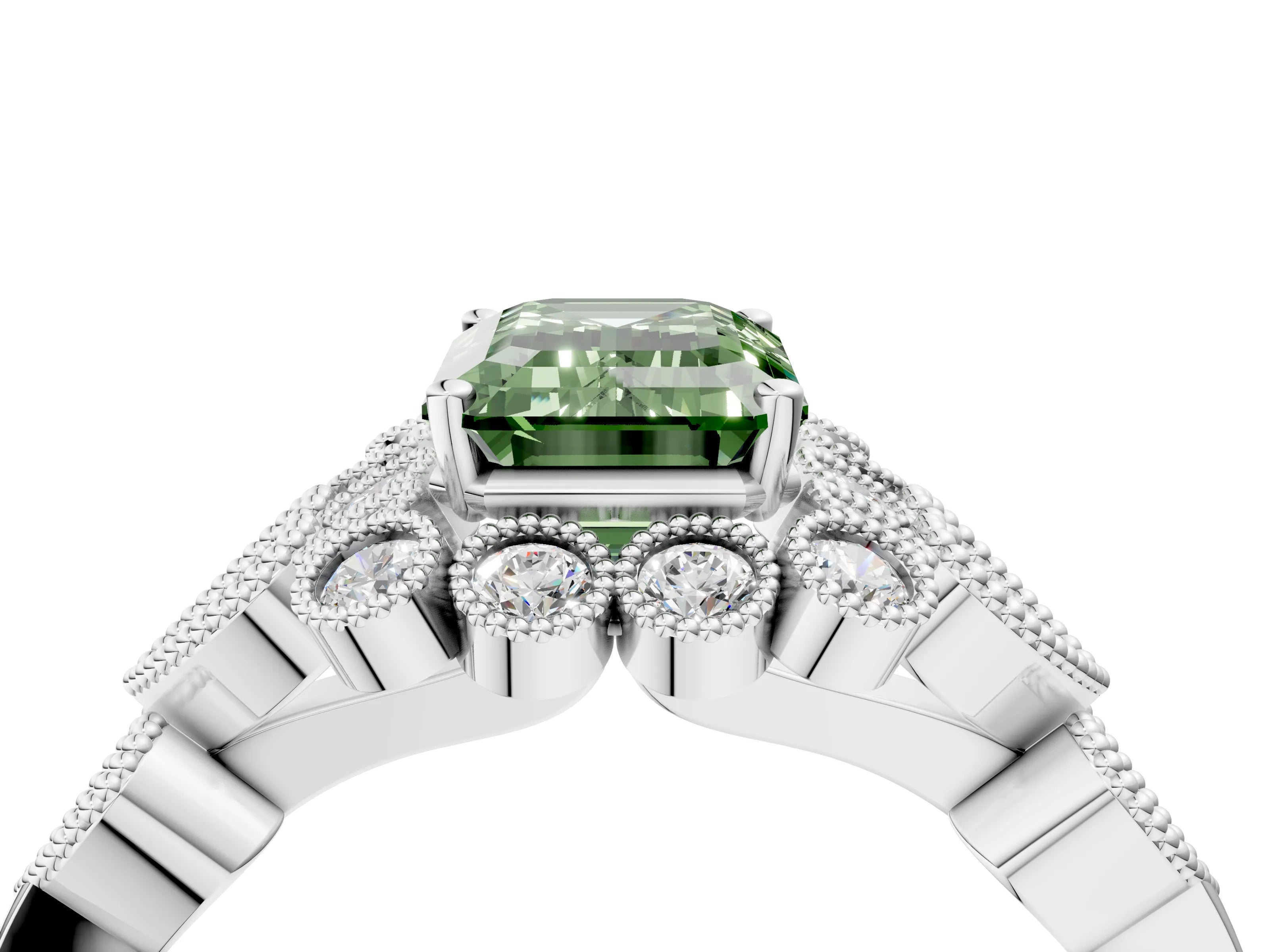 White gold Fancy Green Emerald Cut Brilliant Milgrain Pave Heart Band Solitaire Ring_26