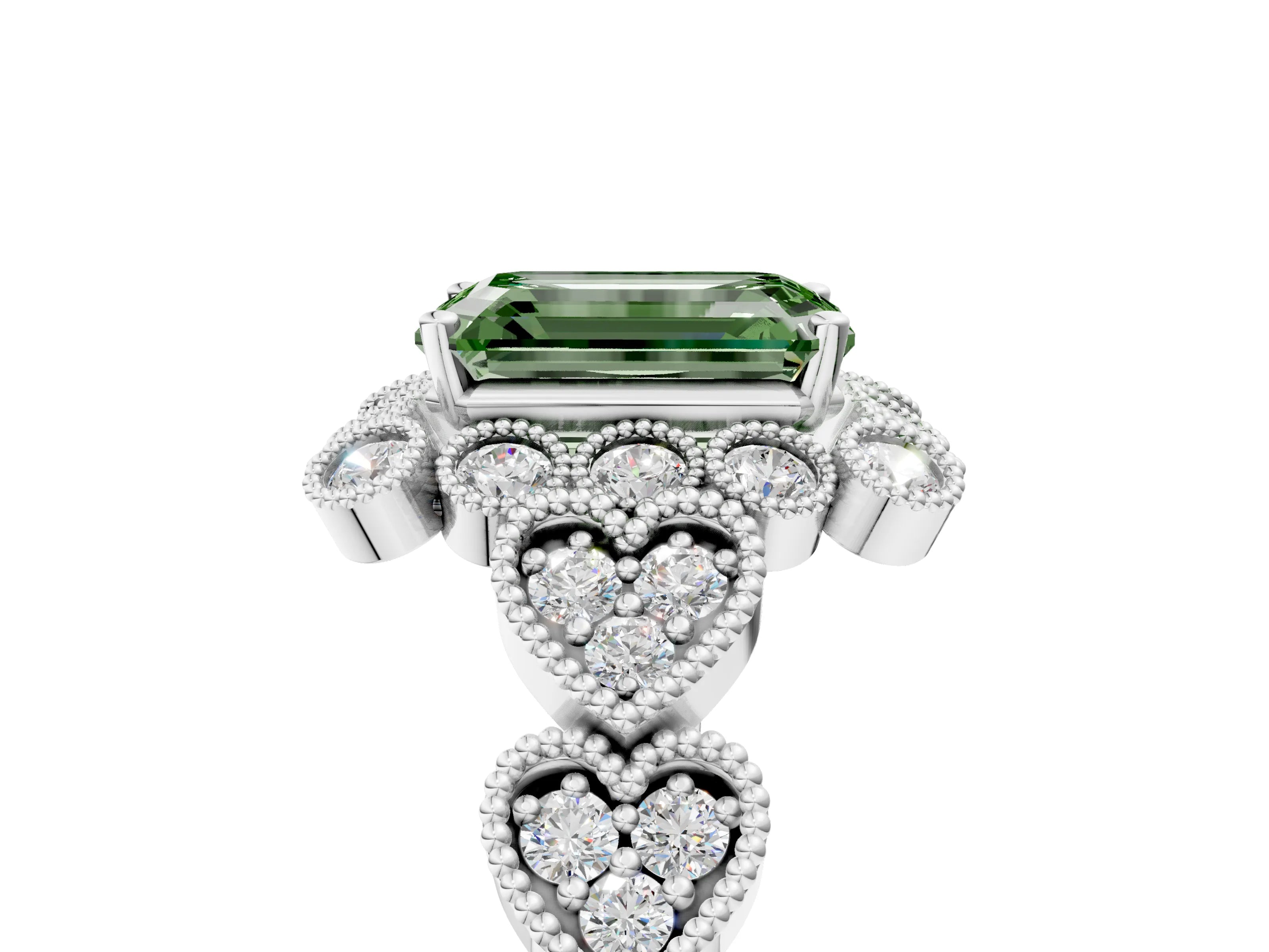 White gold Fancy Green Emerald Cut Brilliant Milgrain Pave Heart Band Solitaire Ring_27