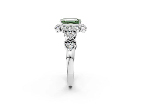 White gold Fancy Green Emerald Cut Brilliant Milgrain Pave Heart Band Solitaire Ring_2
