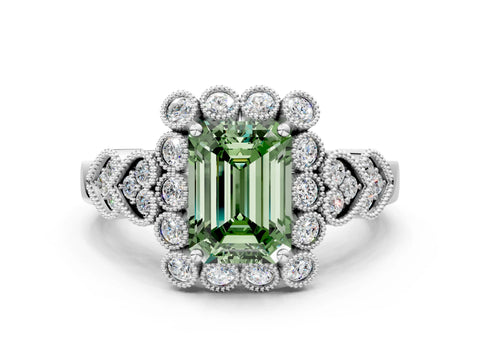 White gold Fancy Green Emerald Cut Brilliant Milgrain Pave Heart Band Solitaire Ring_34