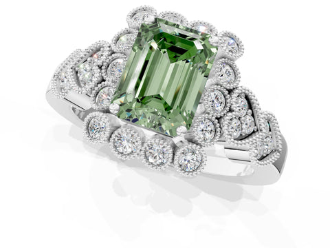 White gold Fancy Green Emerald Cut Brilliant Milgrain Pave Heart Band Solitaire Ring_35
