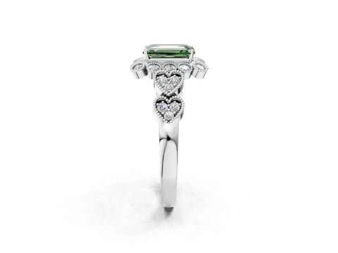 White gold Fancy Green Emerald Cut Brilliant Milgrain Pave Heart Band Solitaire Ring_36