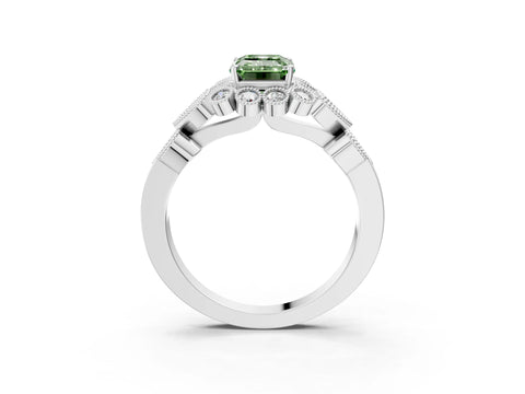 White gold Fancy Green Emerald Cut Brilliant Milgrain Pave Heart Band Solitaire Ring_3