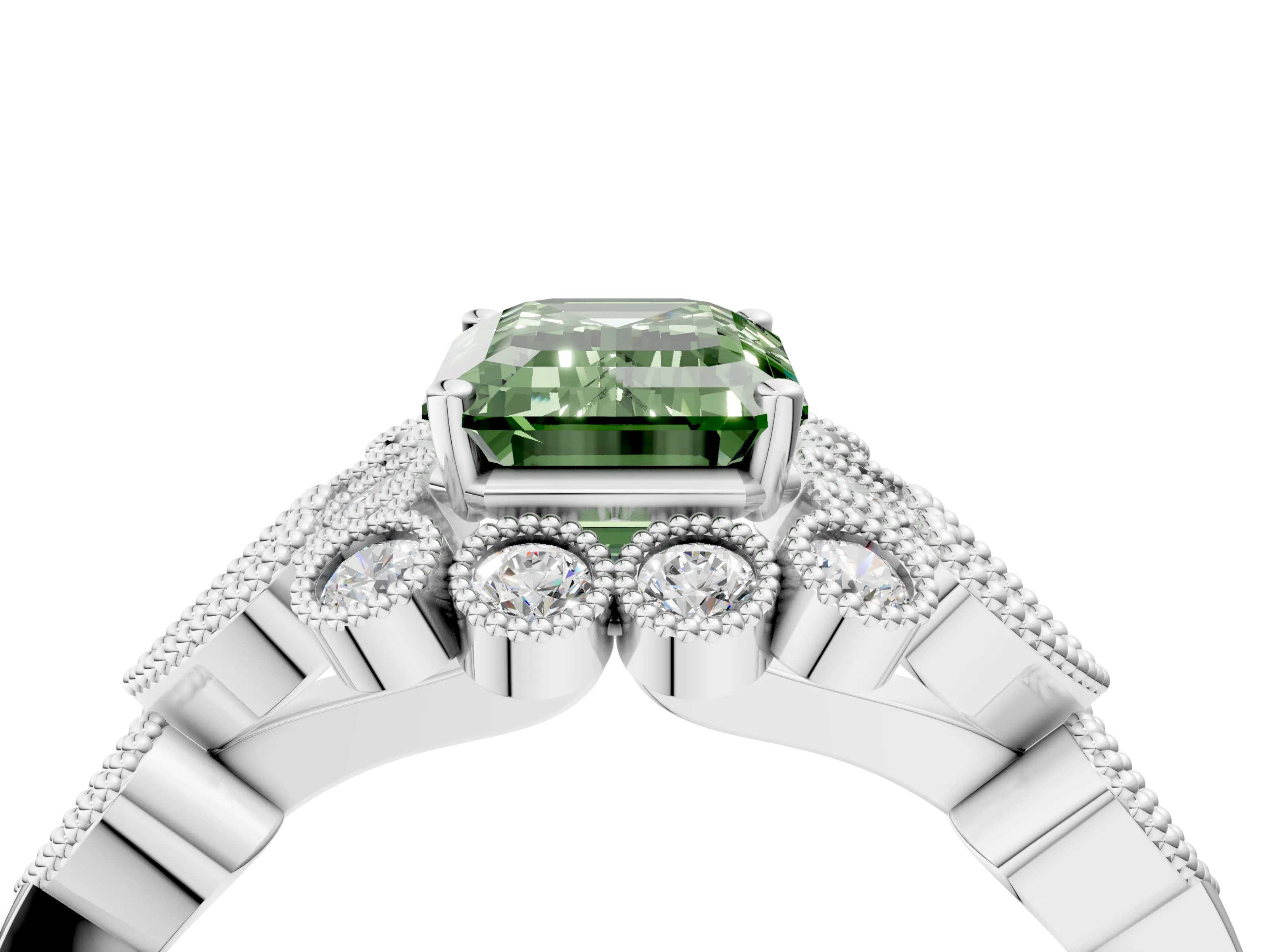 White gold Fancy Green Emerald Cut Brilliant Milgrain Pave Heart Band Solitaire Ring_4
