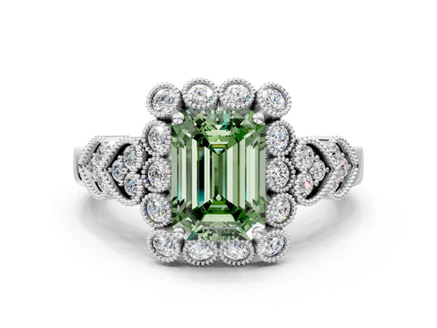 White gold Fancy Green Emerald Cut Brilliant Milgrain Pave Heart Band Solitaire Ring
