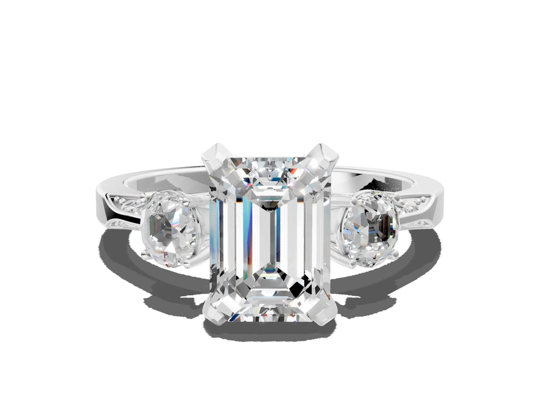 White gold Fancy Green Emerald Cut Brilliant Three-Stone Diamond Ring with Pavé Band and Four-Prong Setting_27