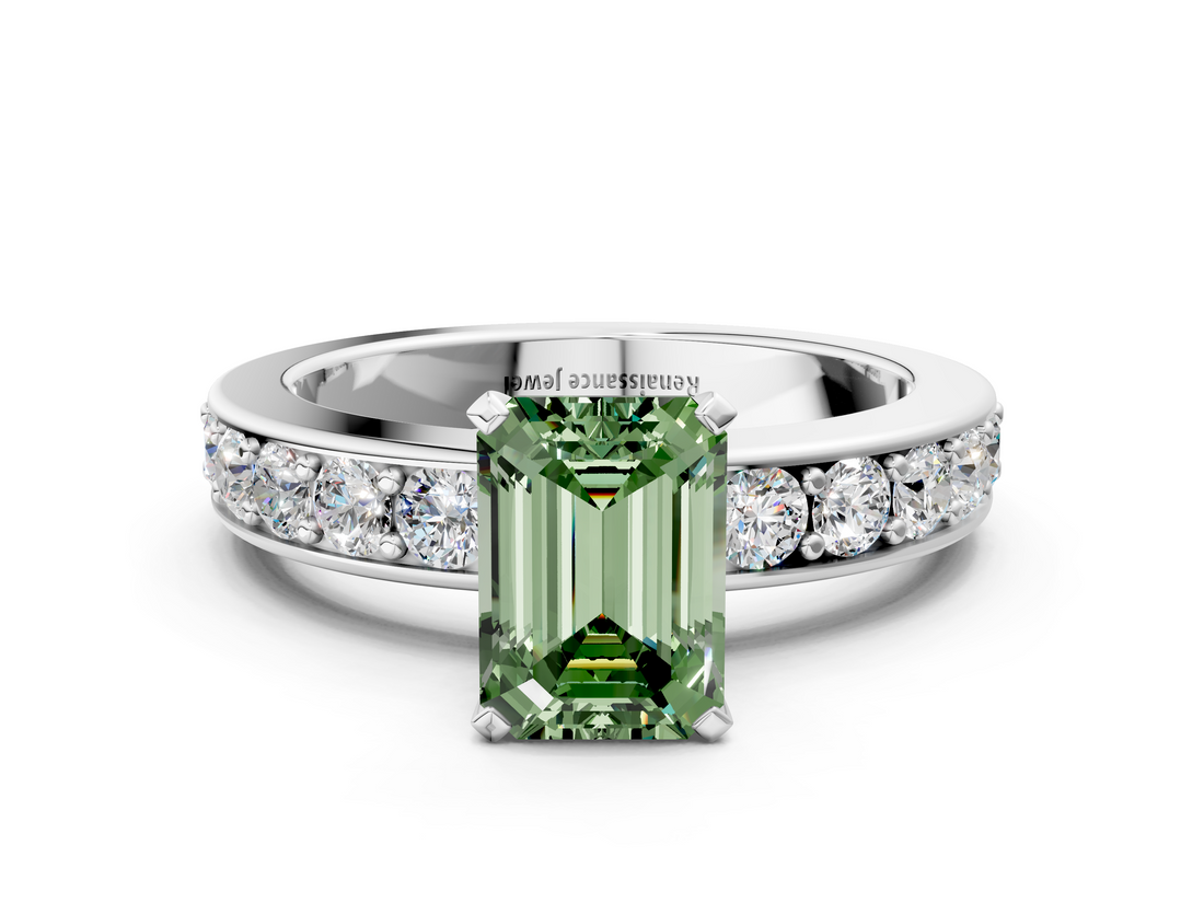 White gold Fancy Green Emerald  Cut Channel Set Diamond Engagement Ring with Four-Prong Setting_199