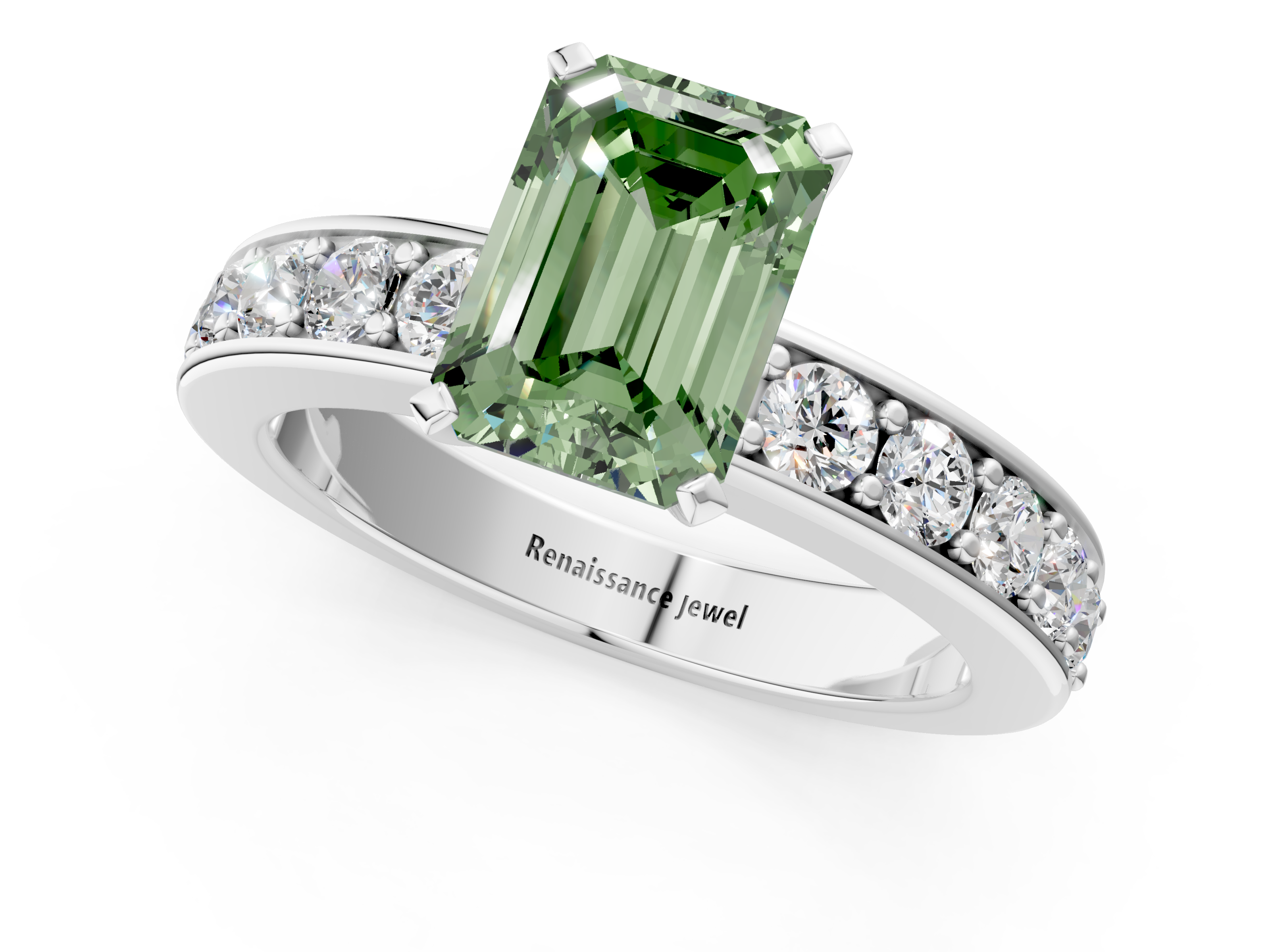 White gold Fancy Green Emerald  Cut Channel Set Diamond Engagement Ring with Four-Prong Setting_200