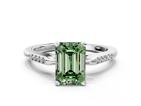 Platinum Fancy Green Emerald  Cut Channel Set Solitaire Engagement Ring with Four-Prong Setting
