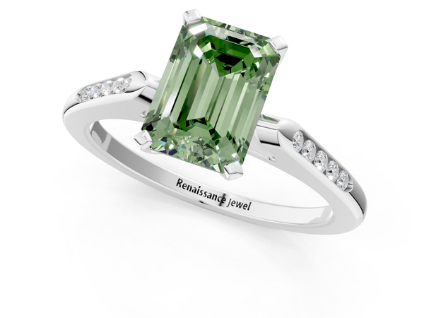 Platinum Fancy Green Emerald  Cut Channel Set Solitaire Engagement Ring with Four-Prong Setting