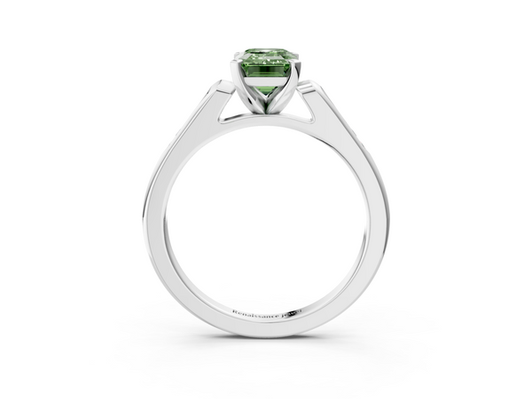 Platinum Fancy Green Emerald  Cut Channel Set Solitaire Engagement Ring with Four-Prong Setting