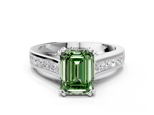 Platinum Fancy Green Emerald  Cut Channel Set Solitaire Engagement Ring with Prong Setting