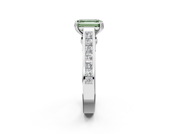 Platinum Fancy Green Emerald  Cut Channel Set Solitaire Engagement Ring with Prong Setting