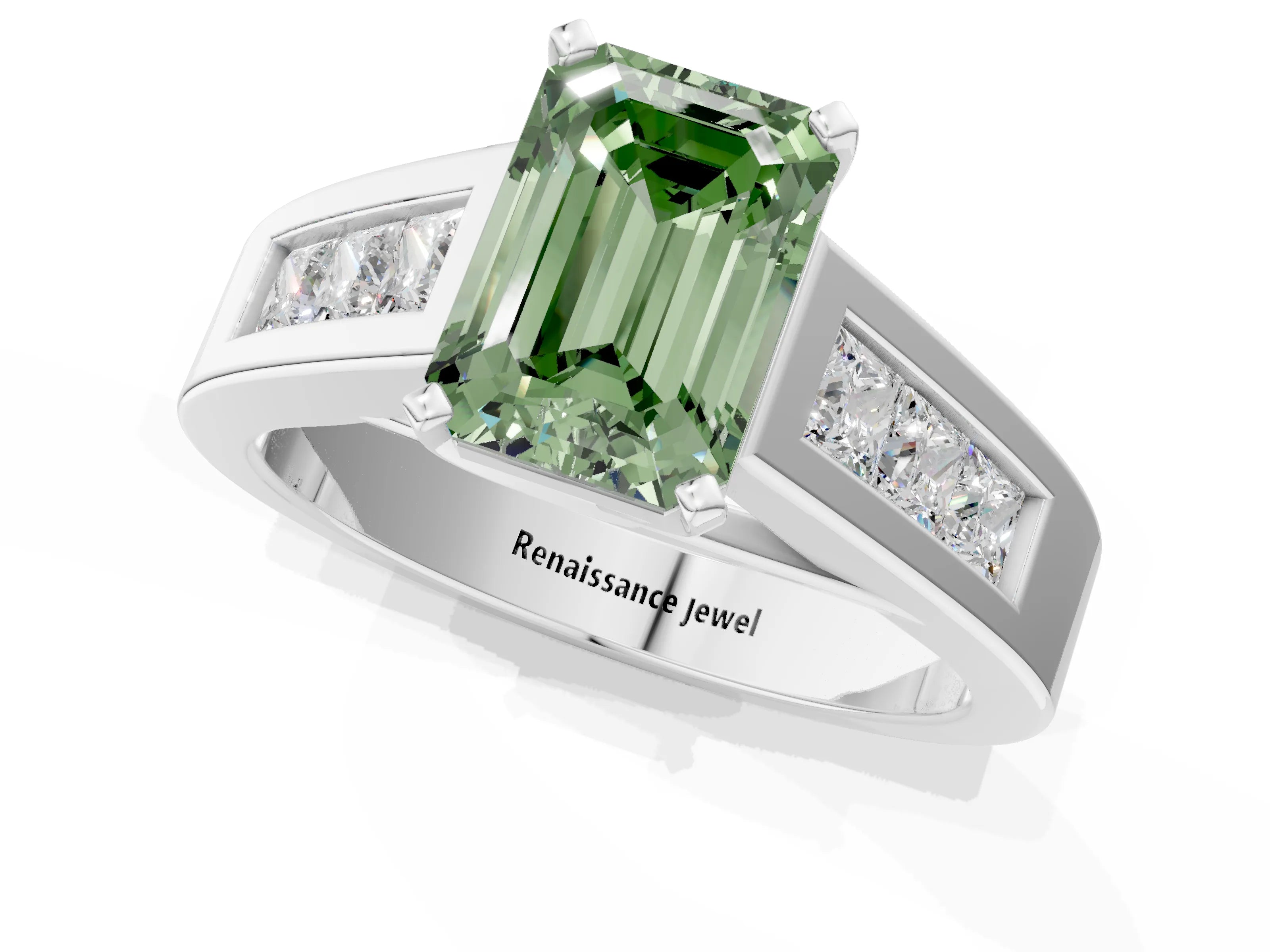 White gold Fancy Green Emerald Cut Cut Channel Set Solitaire Ring with Four-Prong Setting_13