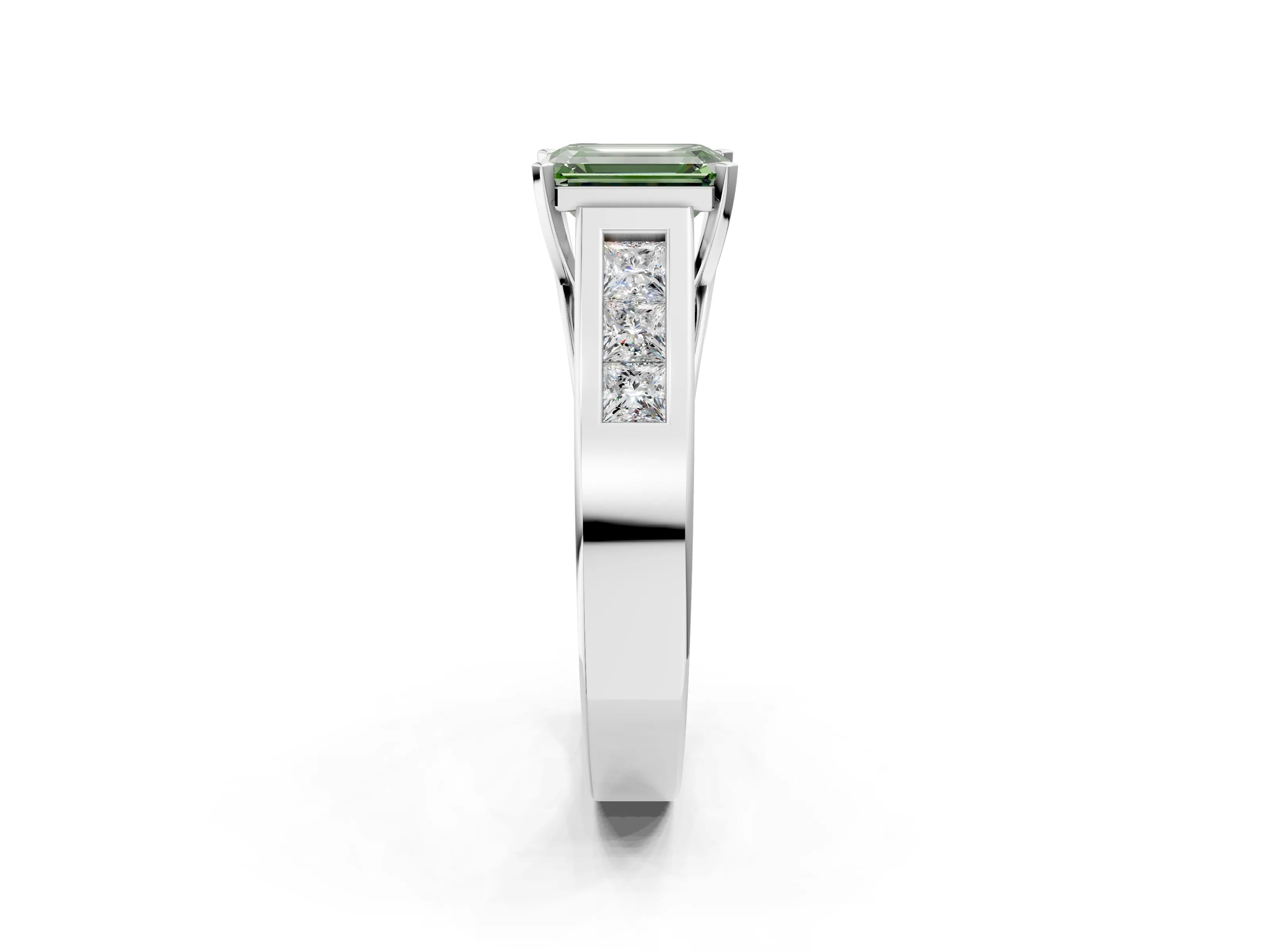 White gold Fancy Green Emerald Cut Cut Channel Set Solitaire Ring with Four-Prong Setting_14