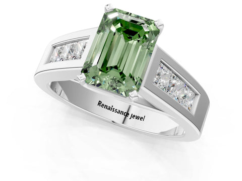 White gold Fancy Green Emerald Cut Cut Channel Set Solitaire Ring with Four-Prong Setting_1