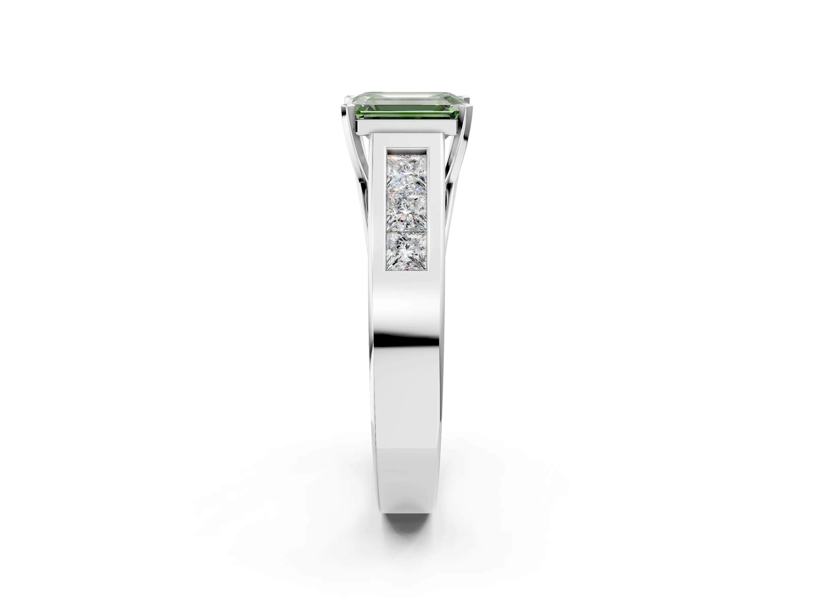 White gold Fancy Green Emerald Cut Cut Channel Set Solitaire Ring with Four-Prong Setting_2
