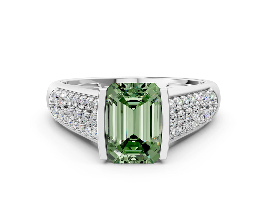 White gold Fancy Green Emerald Cut Cut Diamond Channel Set Pave Band with Tension Prong Setting