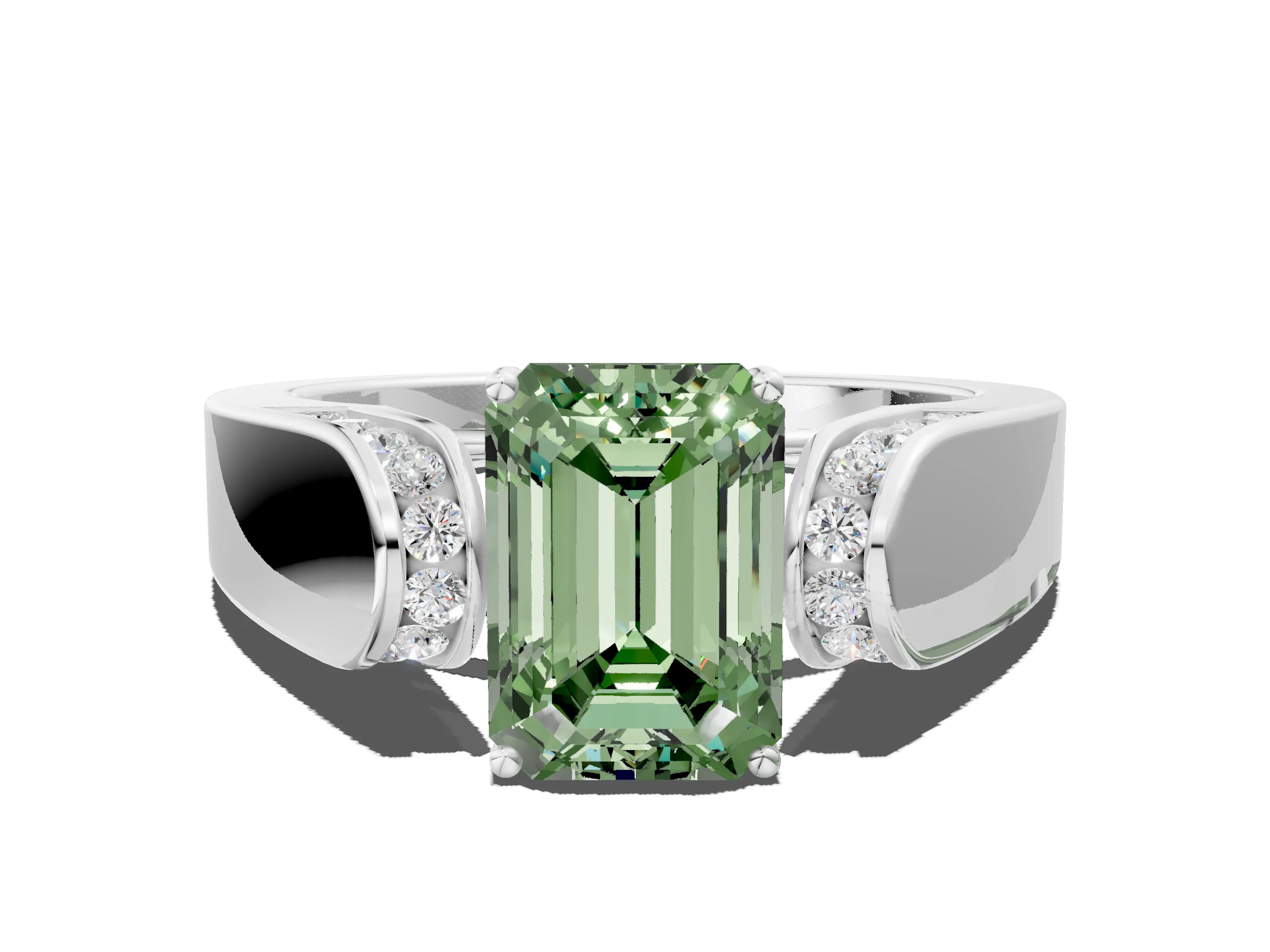 White gold Fancy Green Emerald Cut Cut Diamond Channel Set Solitaire Ring with Four-Prong Setting