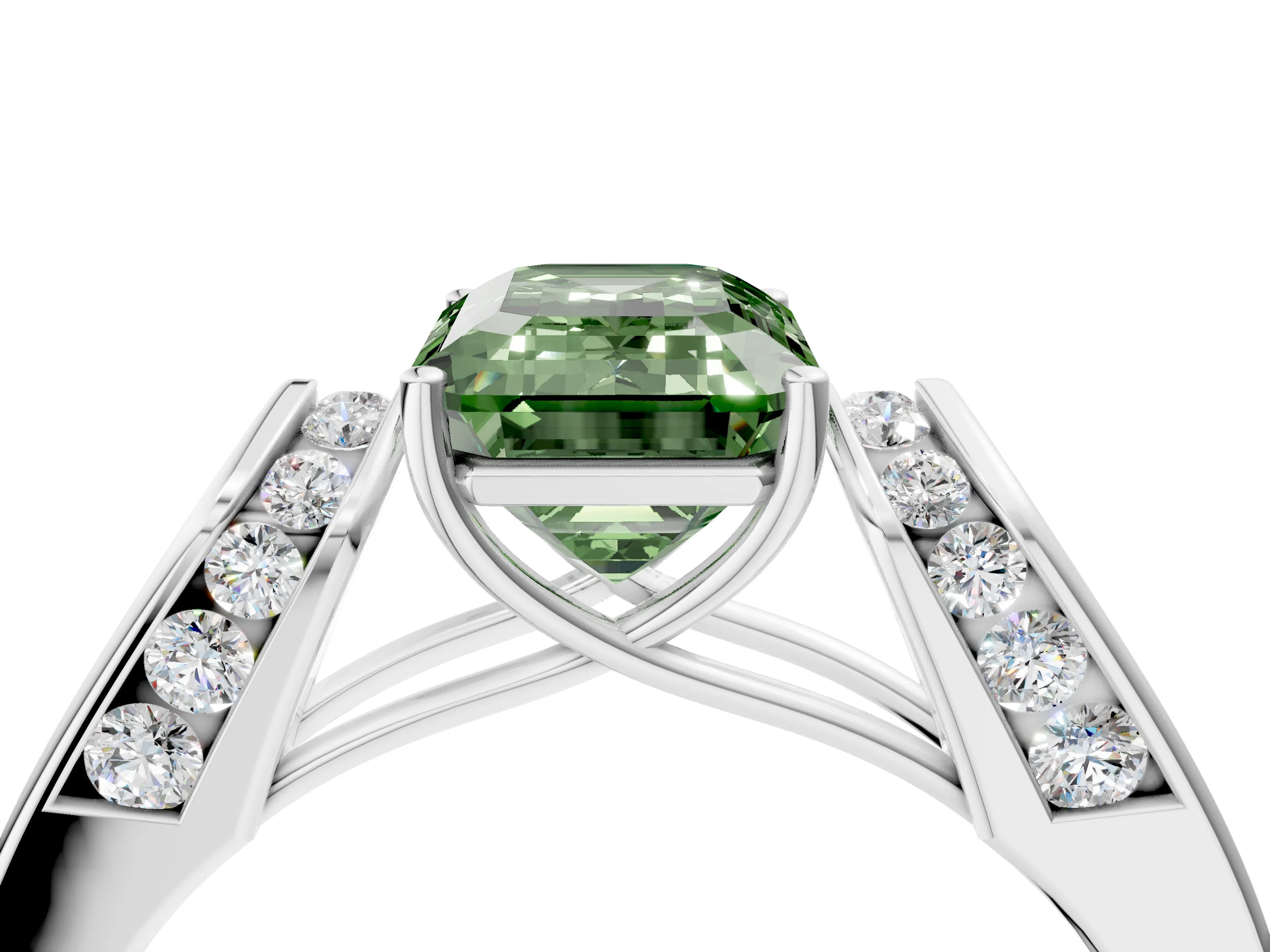 White gold Fancy Green Emerald Cut Cut Diamond Channel Set Solitaire Ring with Four-Prong Setting_4