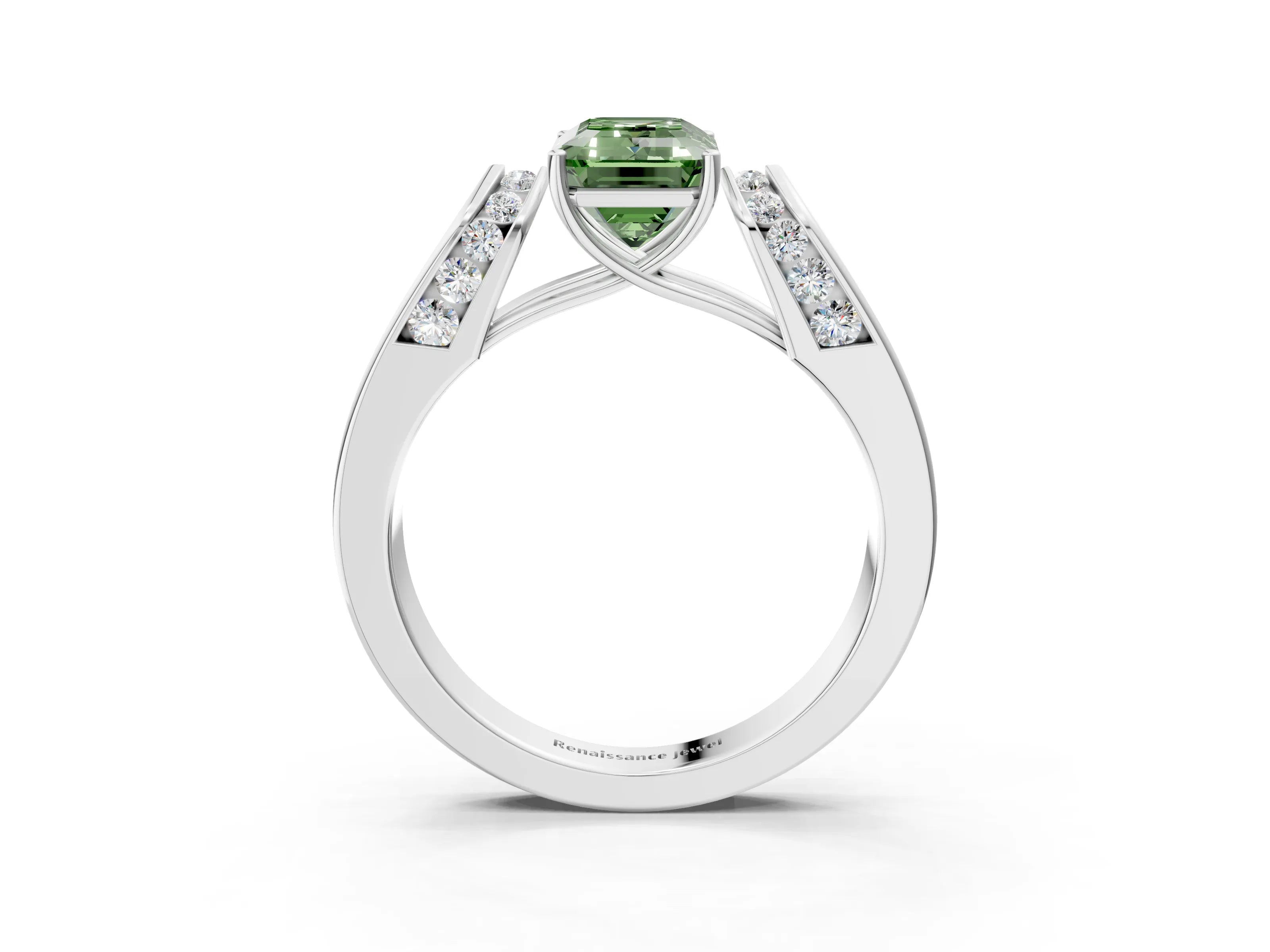 White gold Fancy Green Emerald Cut Cut Diamond Channel Set Solitaire Ring with Four-Prong Setting_63