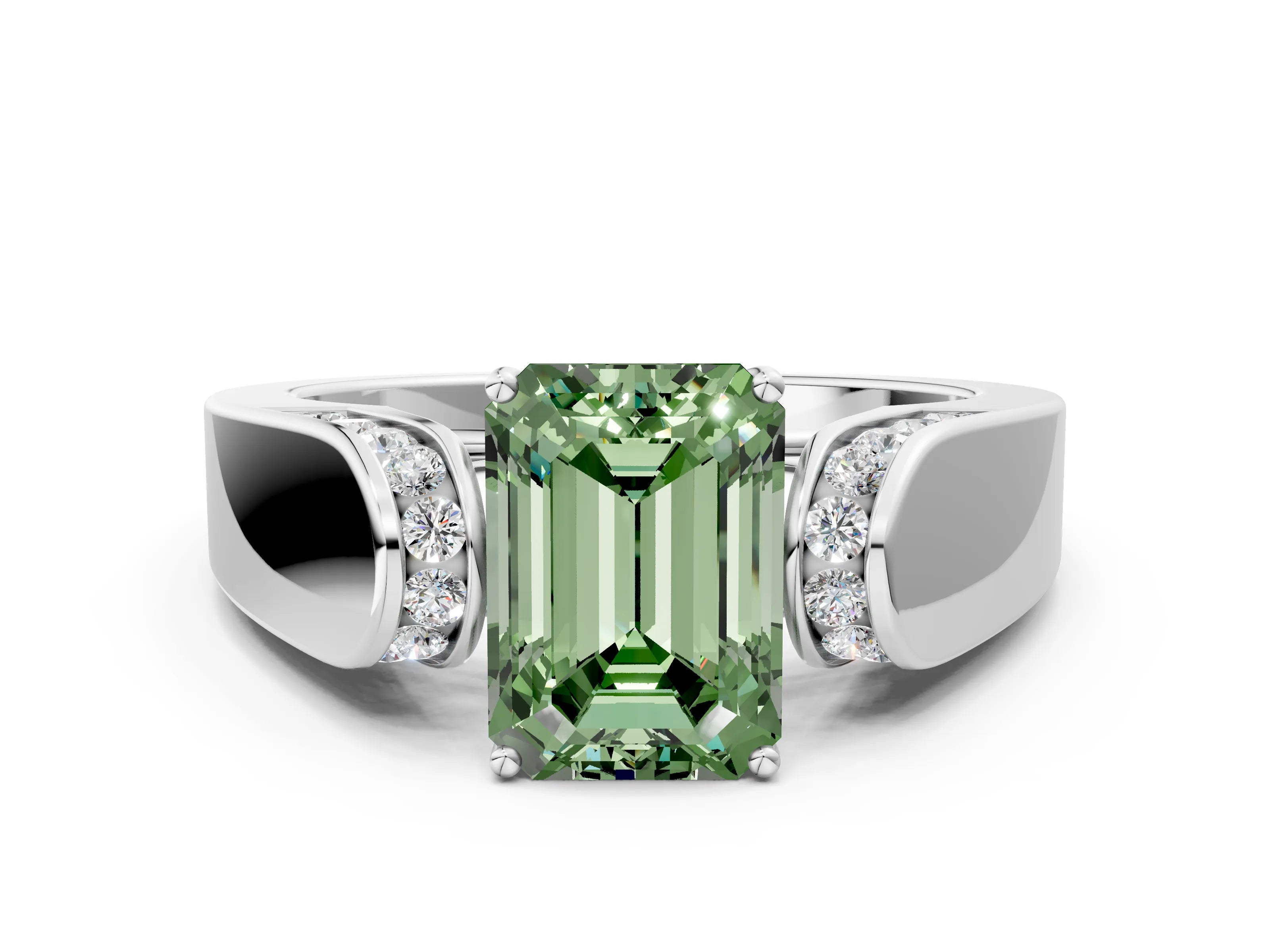 White gold Fancy Green Emerald Cut Cut Diamond Channel Set Solitaire Ring with Four-Prong Setting_72
