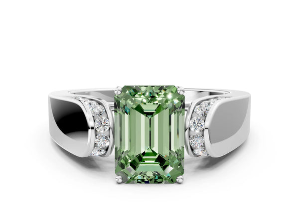 White gold Fancy Green Emerald Cut Cut Diamond Channel Set Solitaire Ring with Four-Prong Setting