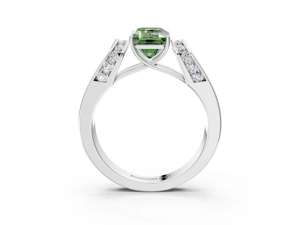 White gold Fancy Green Emerald Cut Cut Diamond Channel Set Solitaire Ring with Four-Prong Setting