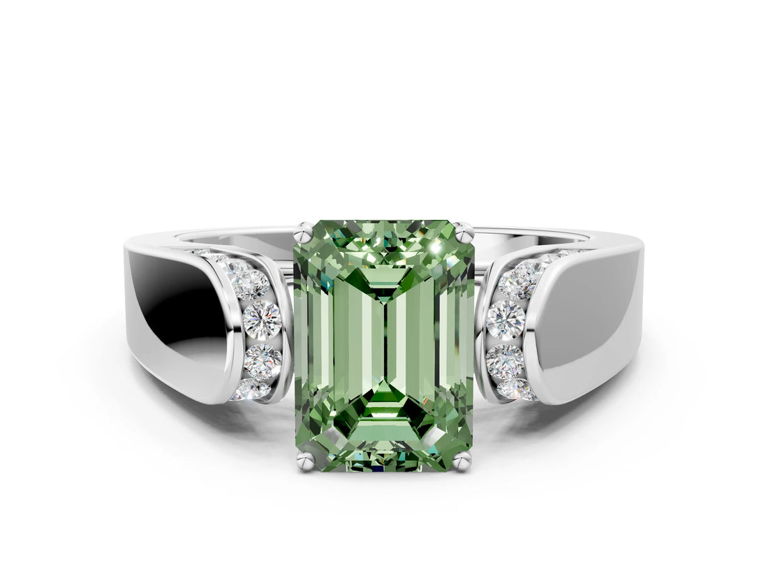 White gold Fancy Green Emerald Cut Cut Diamond Channel Set Solitaire Ring with Four-Prong Setting_84