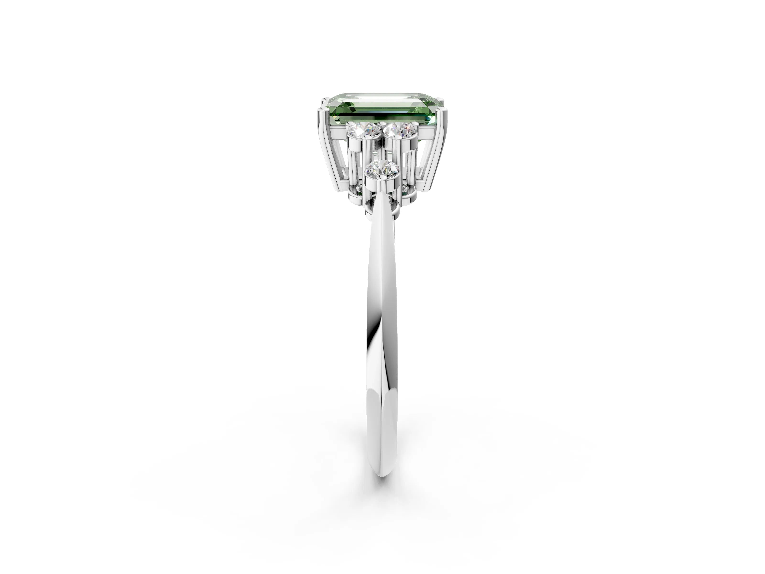White gold Fancy Green Emerald Cut Cut Diamond Cluster Ring with Solitaire Band and Four-Prong Setting_14
