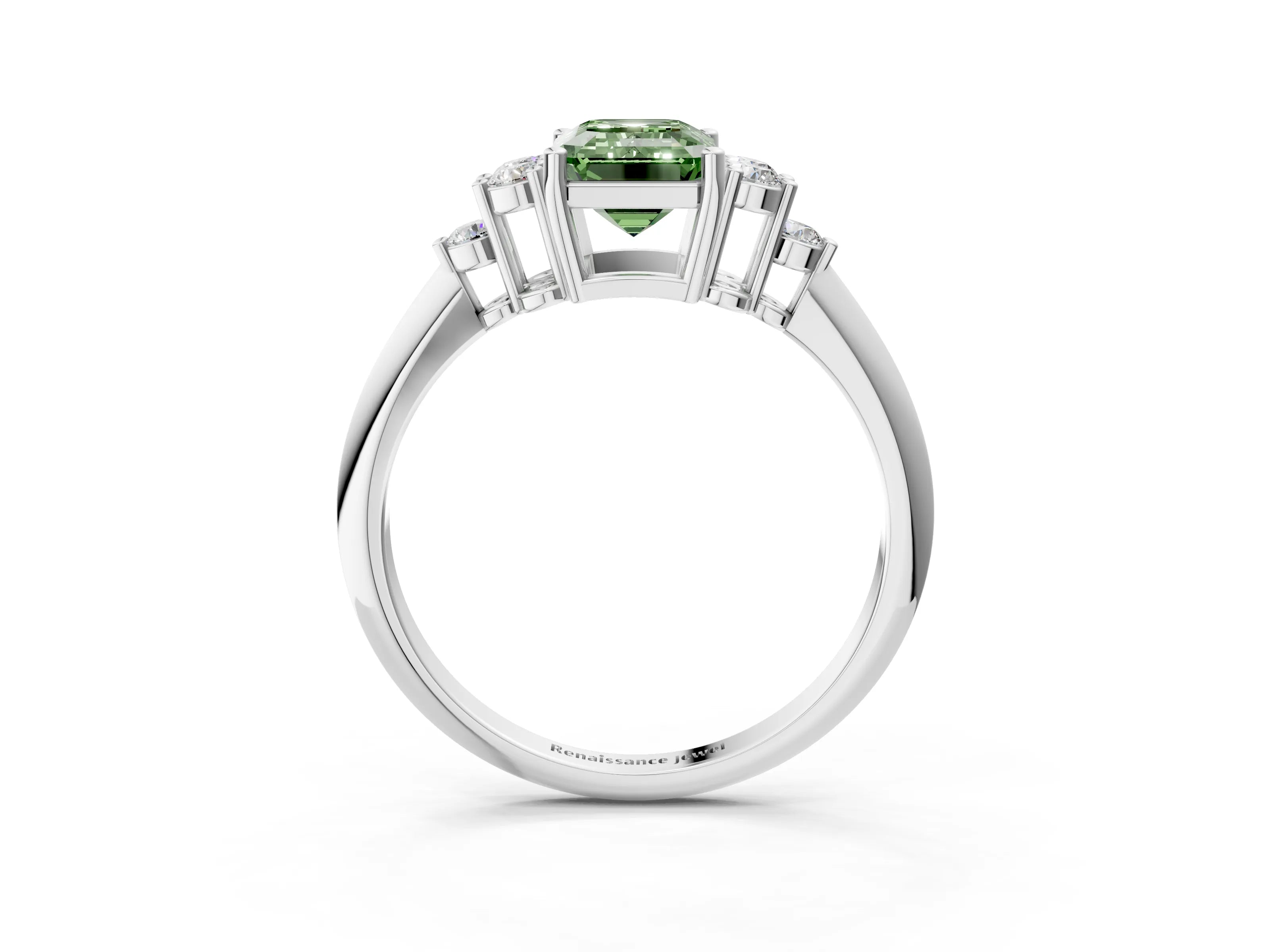 White gold Fancy Green Emerald Cut Cut Diamond Cluster Ring with Solitaire Band and Four-Prong Setting_15