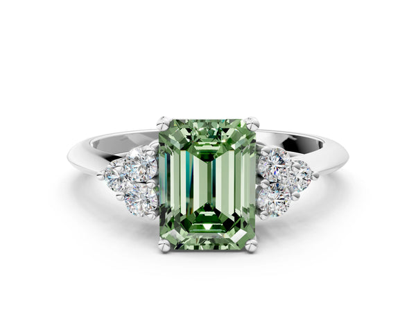 Platinum Fancy Green Emerald Cut Cut Diamond Cluster Ring with Solitaire Band and Four-Prong Setting