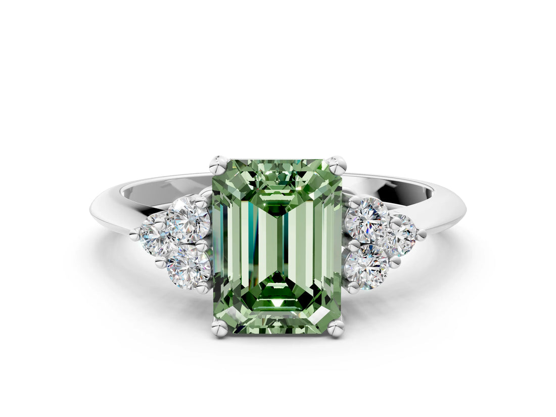White gold Fancy Green Emerald Cut Cut Diamond Cluster Ring with Solitaire Band and Four-Prong Setting_48