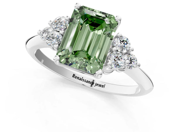 Platinum Fancy Green Emerald Cut Cut Diamond Cluster Ring with Solitaire Band and Four-Prong Setting